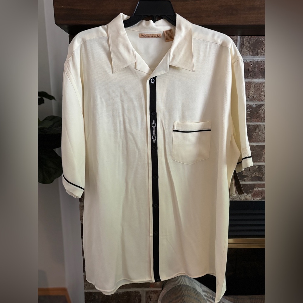 NWT Vintage Havanera Men's Ivory & Black Aztec & Bongo Embroidered Shirt - 2XLT